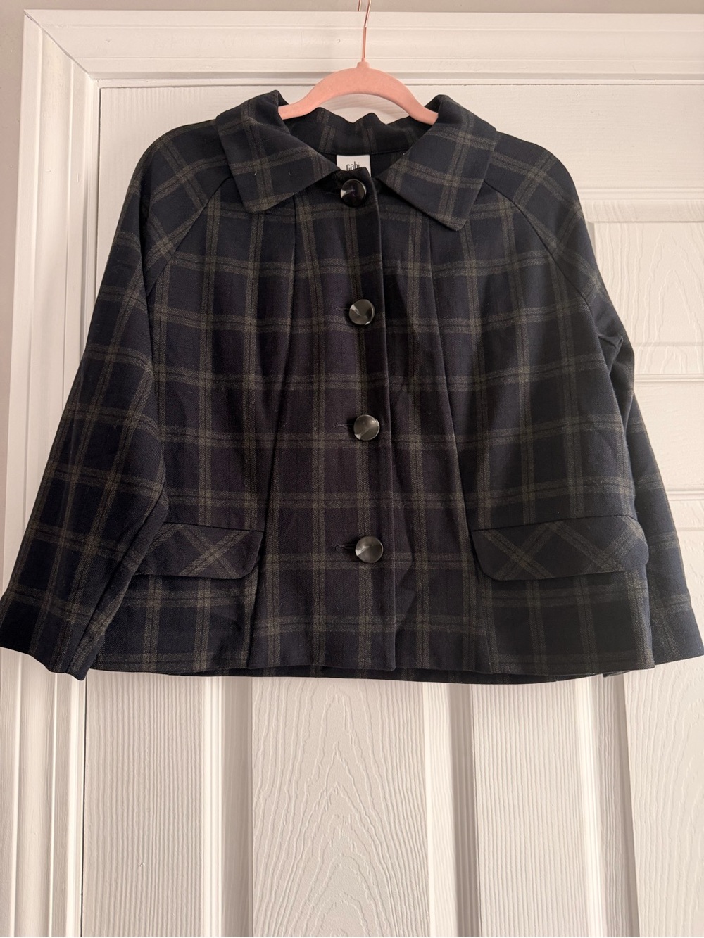 CAbi Black and Gray Plaid Short Pea Coat